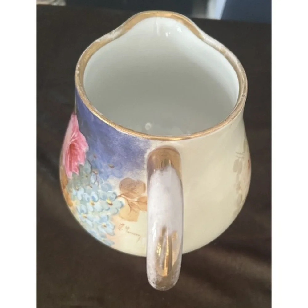 Antique B & M Limoges France Hand Painted Rose Drink Pitcher Gold Handle Collect